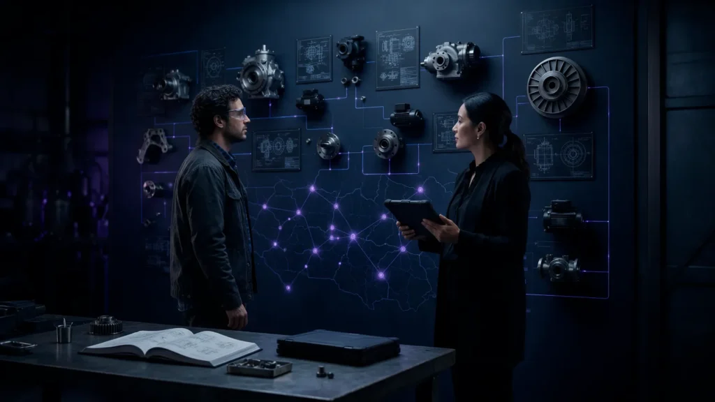 Engenheiro e compradora conversam diante de uma parede escura com peças industriais, fichas técnicas e um mapa de distribuidores ligados por linhas de luz índigo.