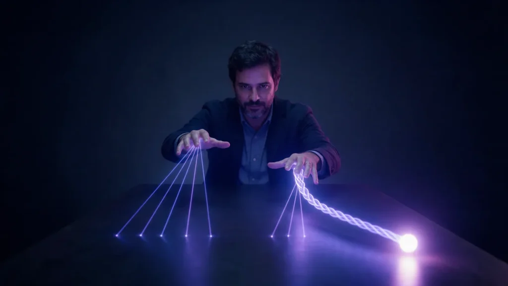 Diretor de agência sentado a uma mesa escura estende as duas mãos: da mão esquerda saem cinco feixes de luz separados; da direita, os mesmos feixes se trançam em um só cordão que termina em uma esfera de luz.