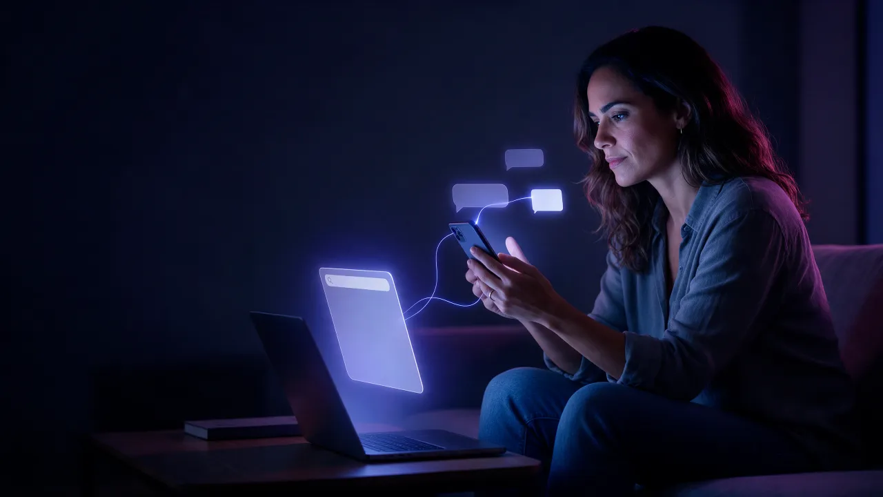 Mulher no sofá segue um fio de luz que sai de um resultado de busca no notebook e chega ao celular, onde a conversa continua