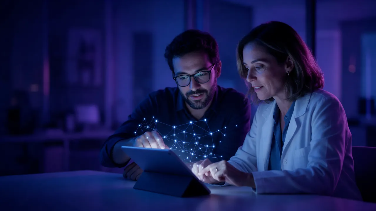 Estrategista e dona de clínica desenham juntos, num tablet, um fluxo de conversa feito de pontos de luz ligados