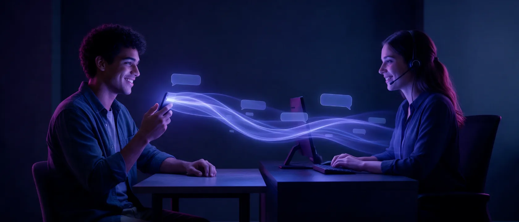 Cliente conversa pelo celular e um fio de luz leva a conversa até a atendente, que assume o atendimento no computador