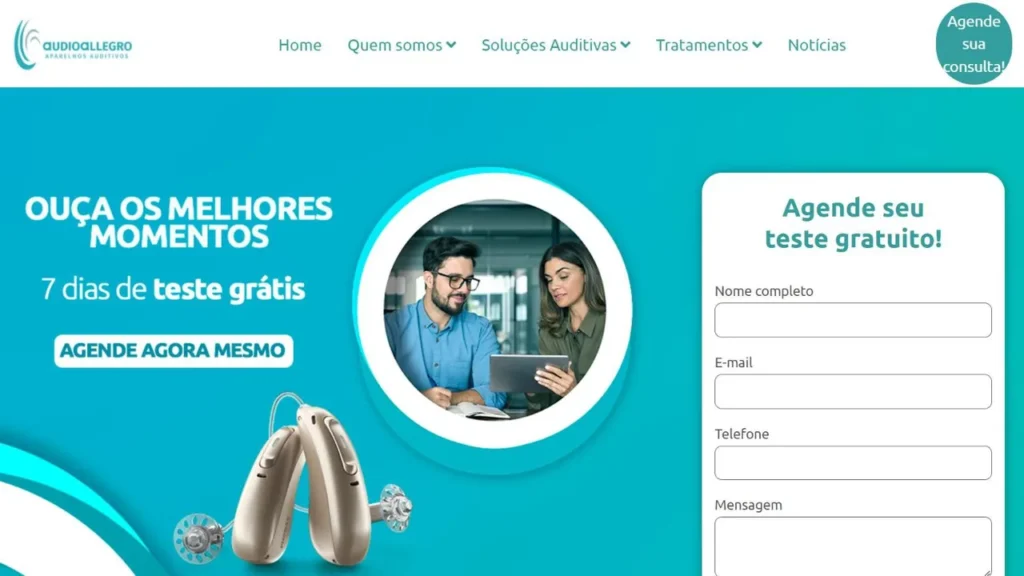 Página inicial do site anterior da Audio Allegro, com o menu Home, Quem somos, Soluções Auditivas, Tratamentos e Notícias, um banner de teste grátis e o formulário Agende seu teste gratuito