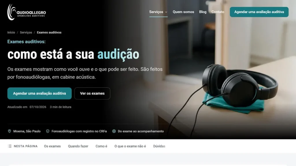 Página Exames auditivos do site da Audio Allegro, com o título como está a sua audição, os botões de agendamento e o índice Nesta página