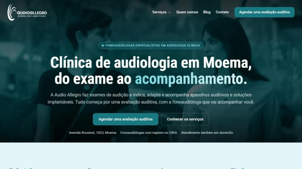 Página inicial do site da Audio Allegro, com o menu, o título Clínica de audiologia em Moema, do exame ao acompanhamento, e os botões Agendar uma avaliação auditiva e Conhecer os serviços