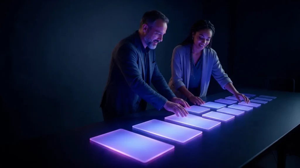 Dois profissionais organizam sobre uma mesa escura cartões de luz em fila, dos maiores e mais brilhantes aos menores, como apontamentos de auditoria ordenados por impacto.