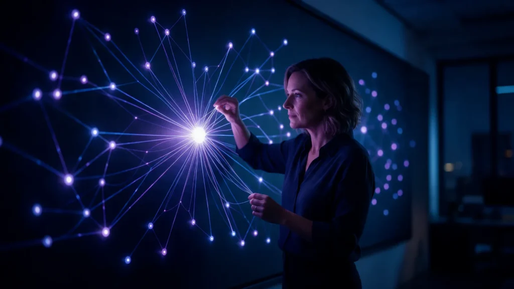 Estrategista de marca diante de uma parede escura liga, com fios de luz, um núcleo luminoso a vários pequenos nós ao redor, formando uma rede de associações organizada.