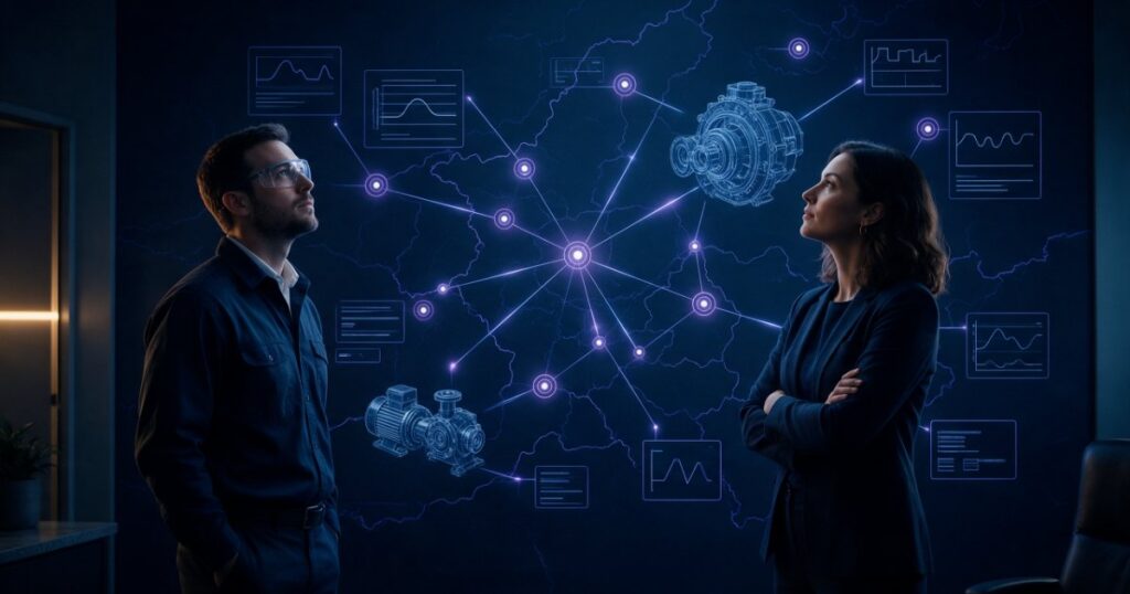 Engenheiro e gestora de compras observam, numa parede escura, uma rede de linhas de luz índigo que liga peças industriais, gráficos técnicos e pontos de um mapa.