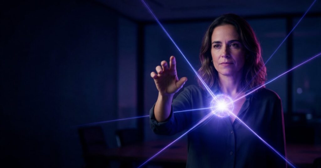 Estrategista de agência em sala escura levanta a mão como uma regente enquanto feixes de luz índigo e violeta vindos de várias direções se encontram em uma esfera de luz diante dela