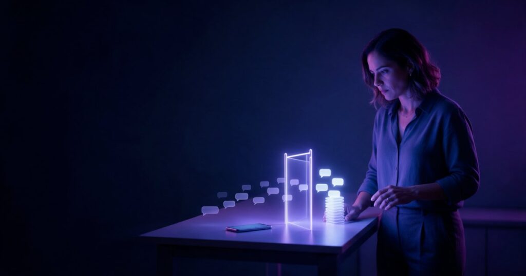 Gestora observa balões de luz saírem do celular e passarem por um portal de luz, onde são contados e empilhados.