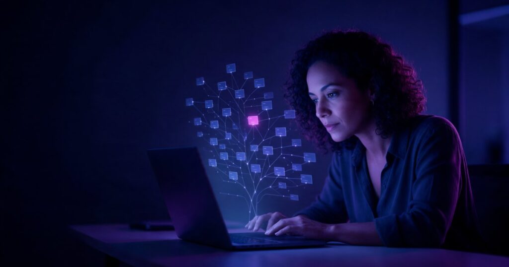 Especialista em SEO técnico examina, diante do notebook, uma árvore de painéis de luz índigo que representa o site, com um único ponto magenta marcando o problema encontrado.