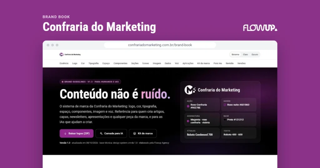 Recorte do site confrariadomarketing.com.br/brand-book em destaque sobre fundo na cor da marca, com o título Brand book: Confraria do Marketing