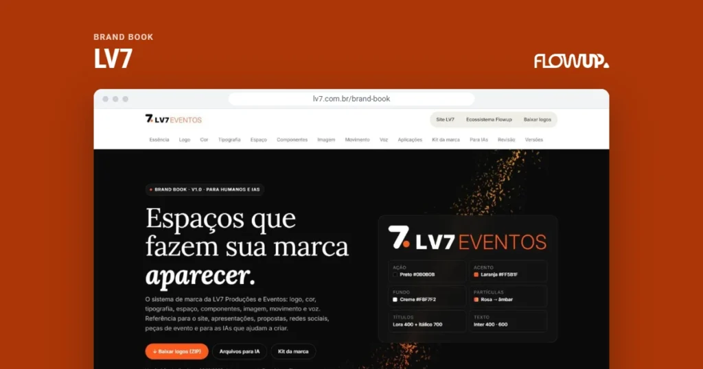 Recorte do site lv7.com.br/brand-book em destaque sobre fundo na cor da marca, com o título Brand book: LV7