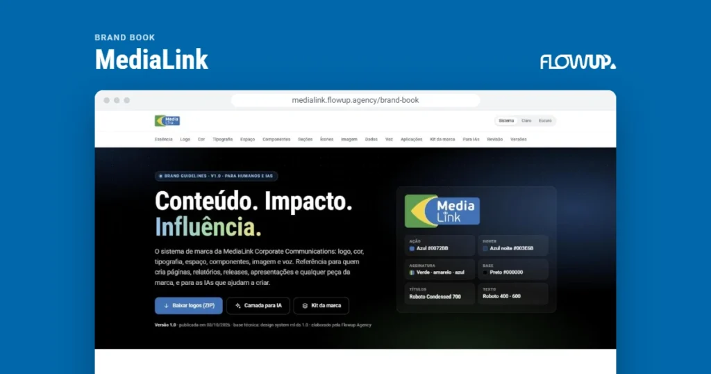 Recorte do site medialink.flowup.agency/brand-book em destaque sobre fundo na cor da marca, com o título Brand book: MediaLink