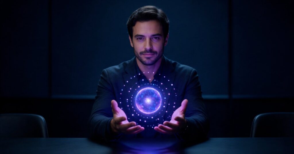 Estrategista de marca sentado a uma mesa escura segura, com as mãos abertas, uma esfera de luz índigo cercada por anéis de pequenos pontos luminosos, como ideias ligadas a uma marca.
