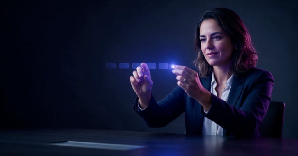 Gerente de marketing numa sala de reunião escura alinha cinco pequenos retângulos de luz índigo numa linha que termina num ponto mais brilhante entre os dedos.