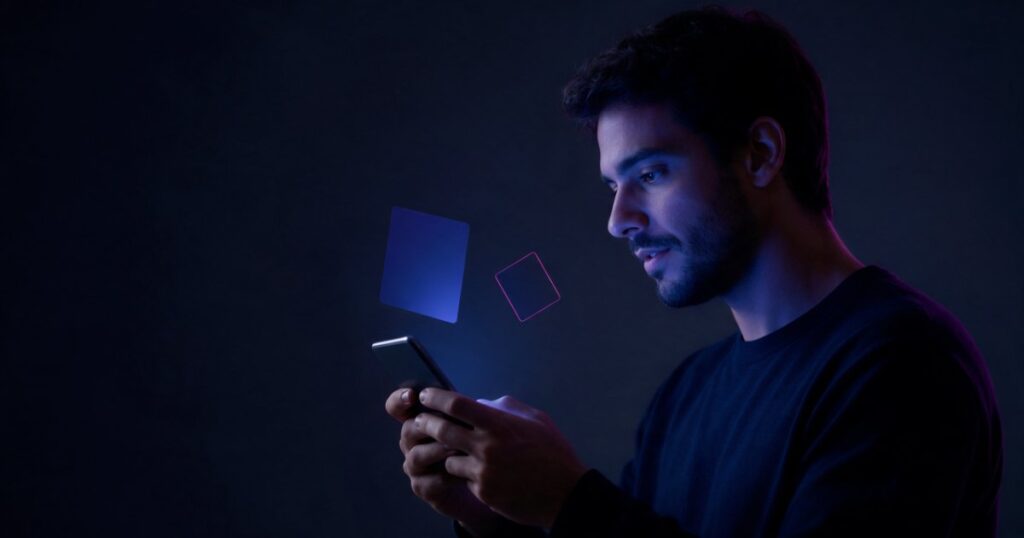 Homem lê uma resposta no celular, com um cartão de luz índigo e, ao lado, um cartão menor com contorno magenta