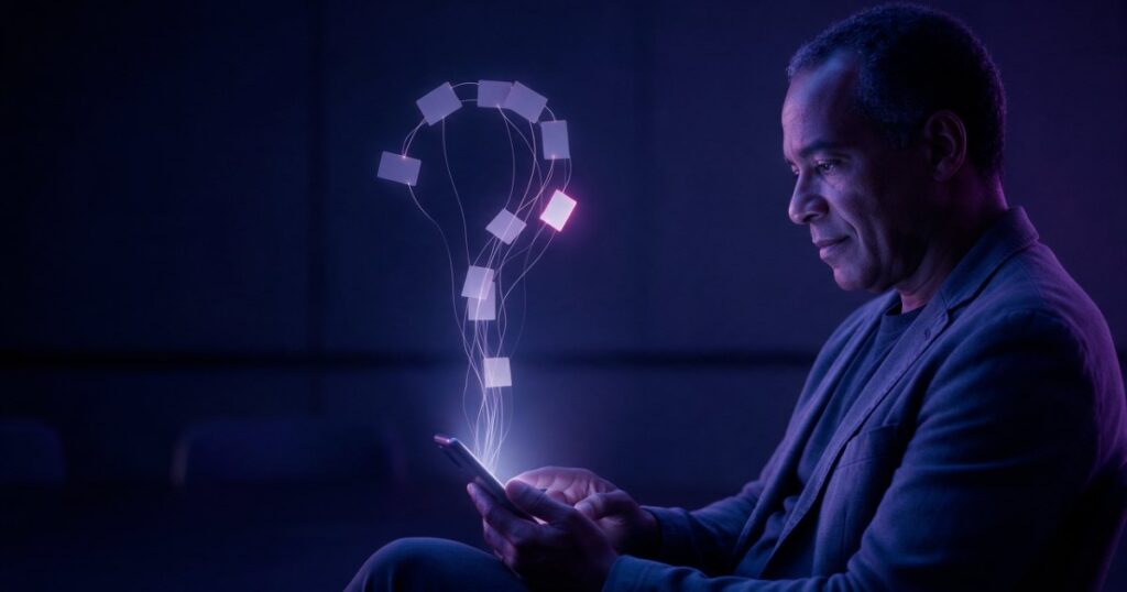 Empresário olha o celular de onde sobe uma pergunta de luz que se abre em fios com pequenos cartões, um deles com borda magenta, como a fonte que a resposta da IA usa.