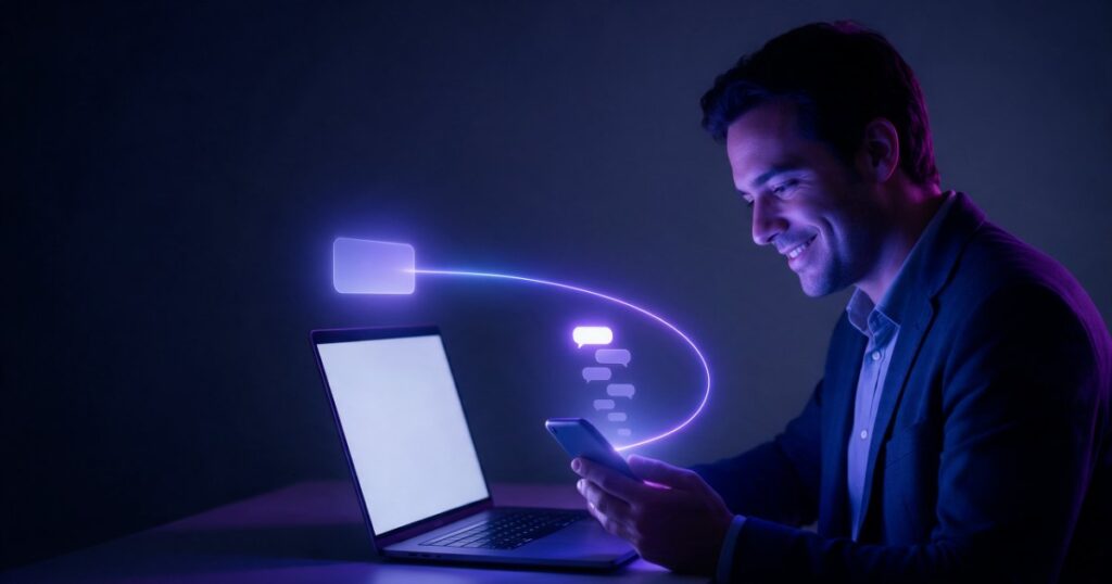 Vendedor sorri com o celular na mão; um caminho de luz sai de um resultado acima do notebook e vira conversa no celular.