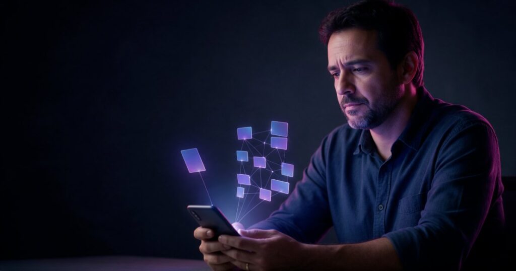 Empresário com o celular compara um cartão de luz simples com uma rede de cartões de luz ligados entre si.