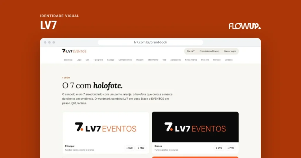 Recorte do site lv7.com.br/brand-book em destaque sobre fundo na cor da marca, com o título Identidade visual: LV7