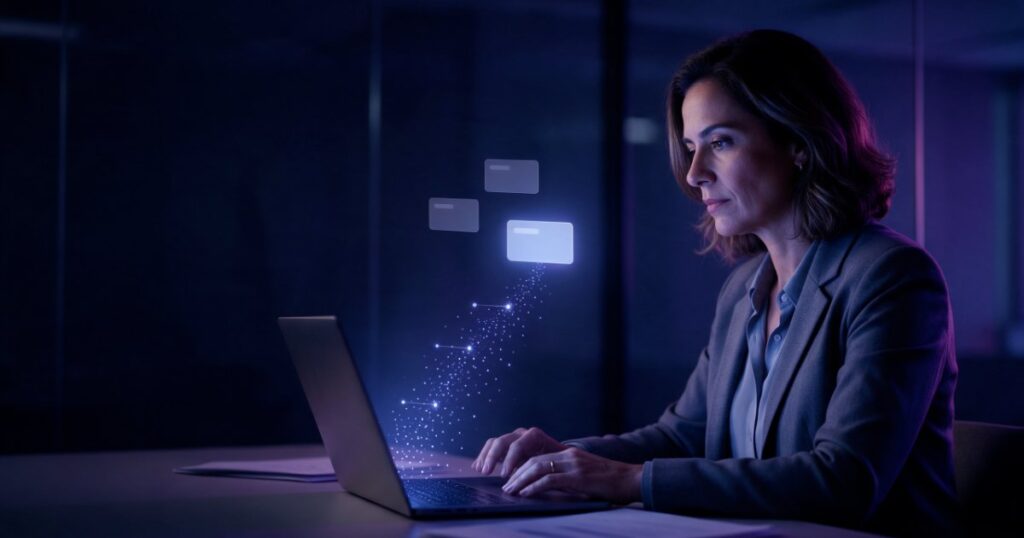 Executiva pesquisa fornecedores no notebook e um caminho de pontos de luz sobe da tela até três cartões, um deles mais brilhante