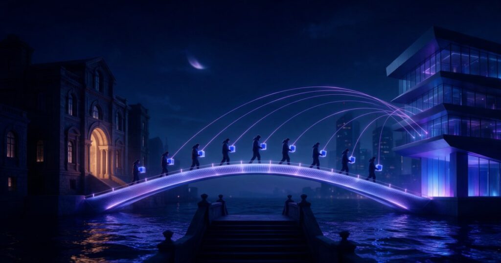 Pessoas atravessam à noite uma ponte de luz entre um prédio antigo e um prédio novo, carregando blocos luminosos ligados ao destino por linhas de luz.