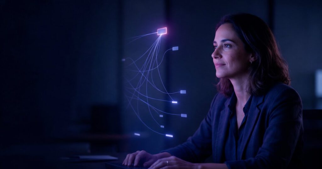 Profissional de marketing num escritório escuro olha para uma resposta de luz índigo que se abre em fios finos, e um dos pontos de luz, no alto, brilha mais com contorno magenta