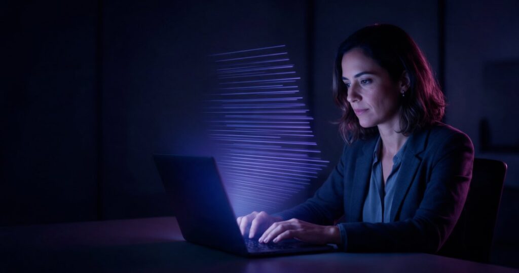 Mulher digita em um notebook em um escritório escuro; da tela sobem faixas horizontais de luz índigo e violeta, empilhadas como uma lista de resultados.