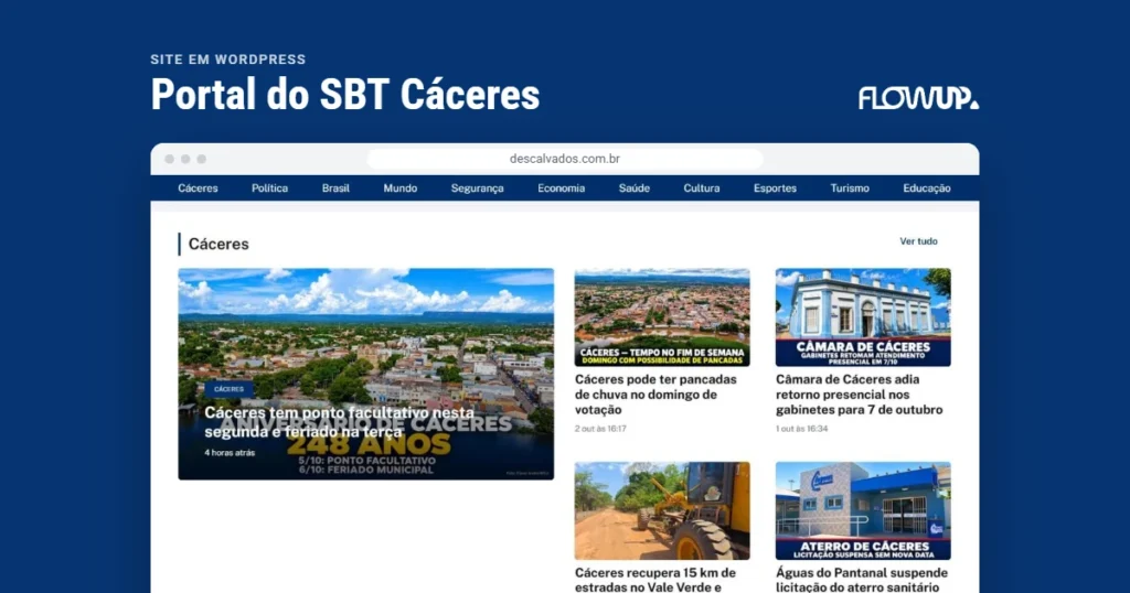 Recorte do site descalvados.com.br em destaque sobre fundo na cor da marca, com o título Site em WordPress: Portal do SBT Cáceres