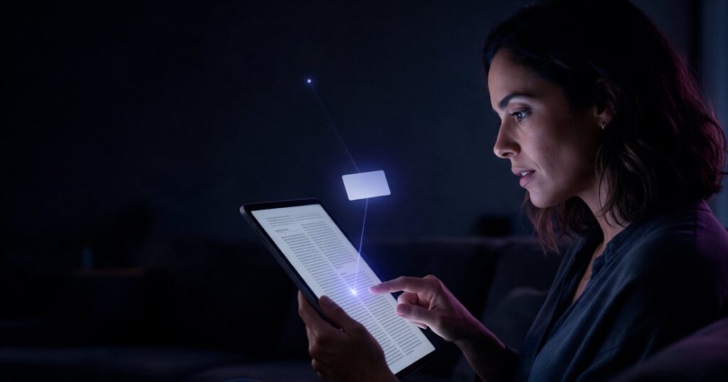 Mulher lê uma reportagem no tablet e um fio de luz sai do texto até um cartão de marca que brilha acima da tela