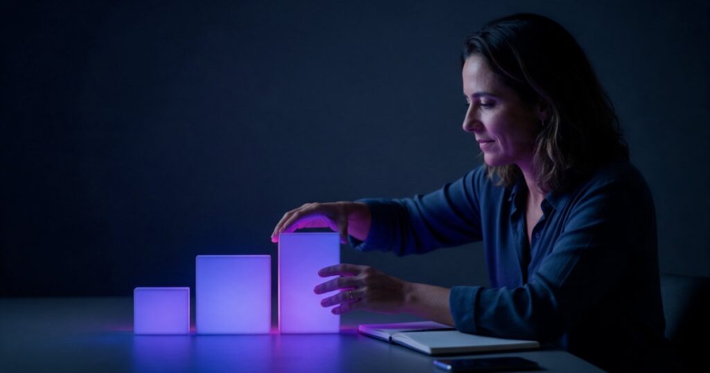 Empreendedora coloca na mesa o terceiro de três blocos de luz de tamanhos diferentes, como as partes de um orçamento.
