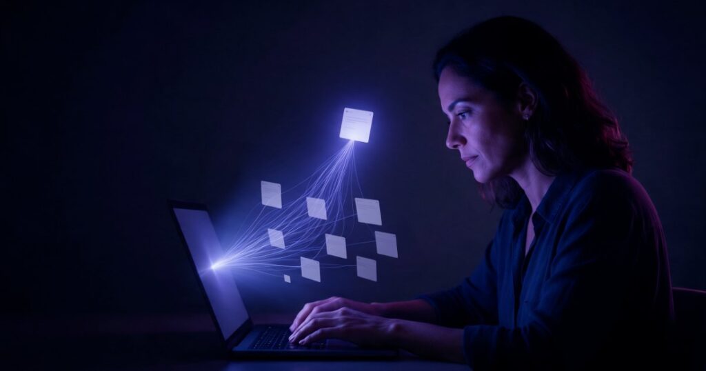Mulher digita uma pergunta no notebook e um feixe de luz se abre em vários fios até cartões flutuantes, que voltam a se juntar num único cartão brilhante