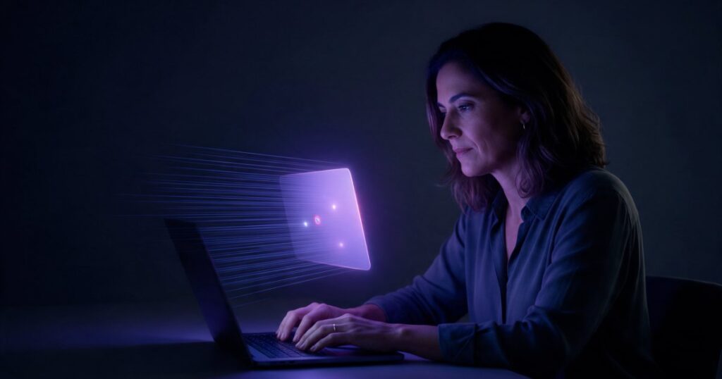 Diretora de marketing digita no notebook à noite enquanto linhas de luz índigo, como uma lista de resultados, convergem num painel violeta com três pontos de destaque.