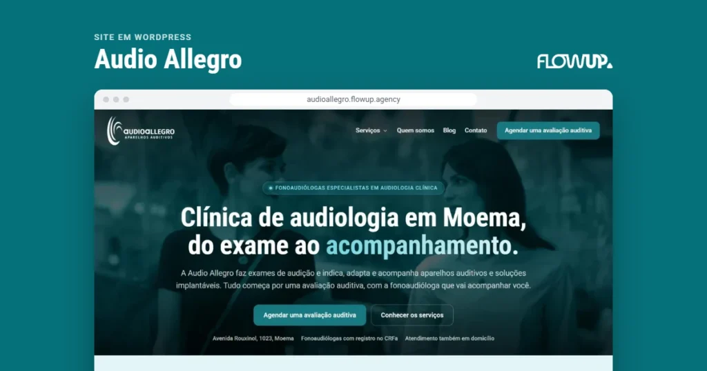 Recorte do site audioallegro.flowup.agency em destaque sobre fundo na cor da marca, com o título Site em WordPress: Audio Allegro