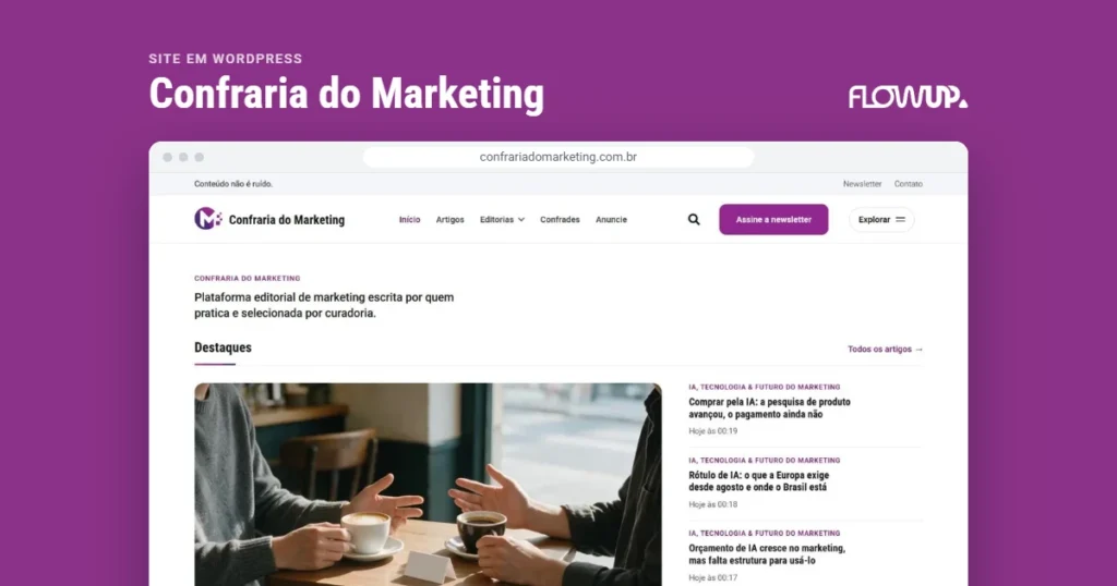 Recorte do site confrariadomarketing.com.br em destaque sobre fundo na cor da marca, com o título Site em WordPress: Confraria do Marketing