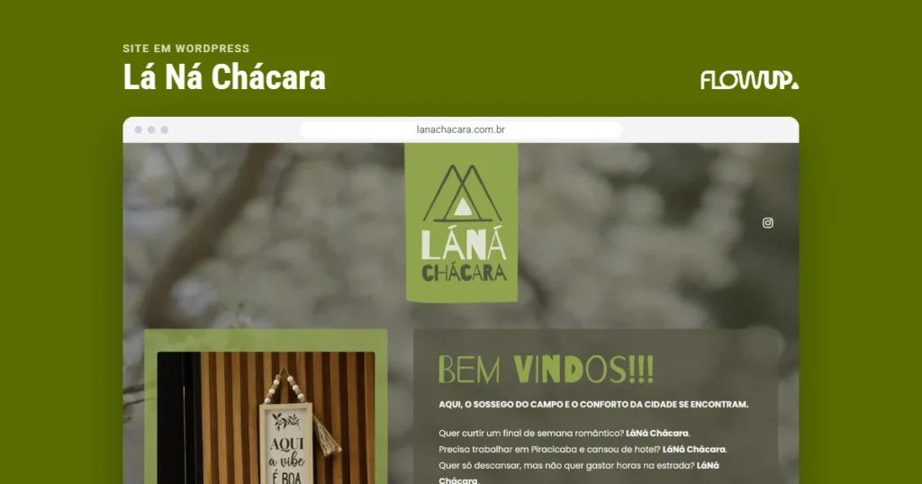 Recorte do site lanachacara.com.br em destaque sobre fundo na cor da marca, com o título Site em WordPress: Lá Ná Chácara