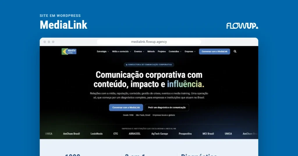 Recorte do site medialink.flowup.agency em destaque sobre fundo na cor da marca, com o título Site em WordPress: MediaLink