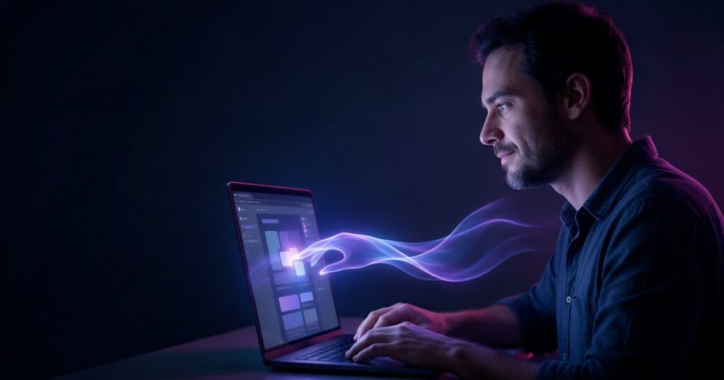 Desenvolvedor no notebook enquanto uma fita de luz índigo e violeta entra na tela e se liga aos blocos do site