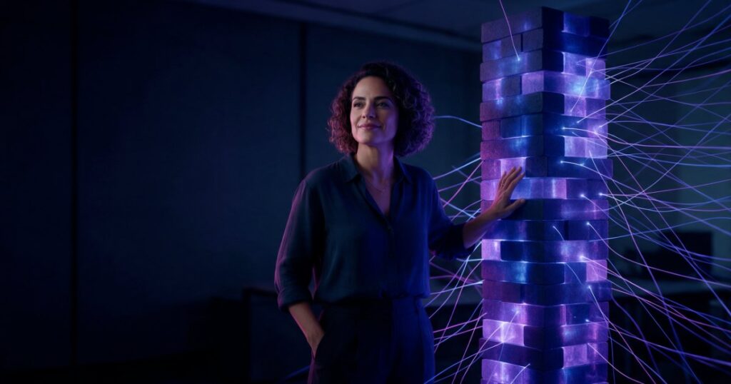 Estrategista de conteúdo em escritório escuro apoia a mão numa torre sólida de blocos de luz índigo e violeta, de onde saem muitas linhas finas de luz, como uma base madura ligada a um ecossistema.
