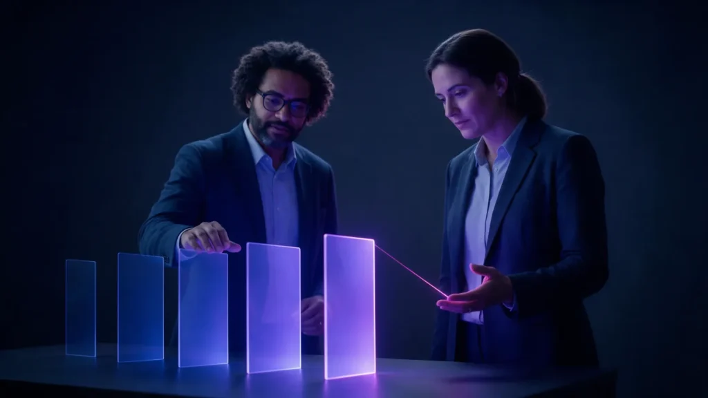 Um consultor e uma executiva diante de uma mesa escura com cinco painéis de luz em sequência, cada um mais claro que o anterior; um fio de luz magenta sai do último painel até a mão aberta dela.