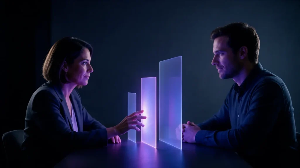 Diretora de marketing toca o painel do meio entre três planos de luz de tamanhos crescentes sobre a mesa, diante de um consultor, ao escolher o formato de contratação.