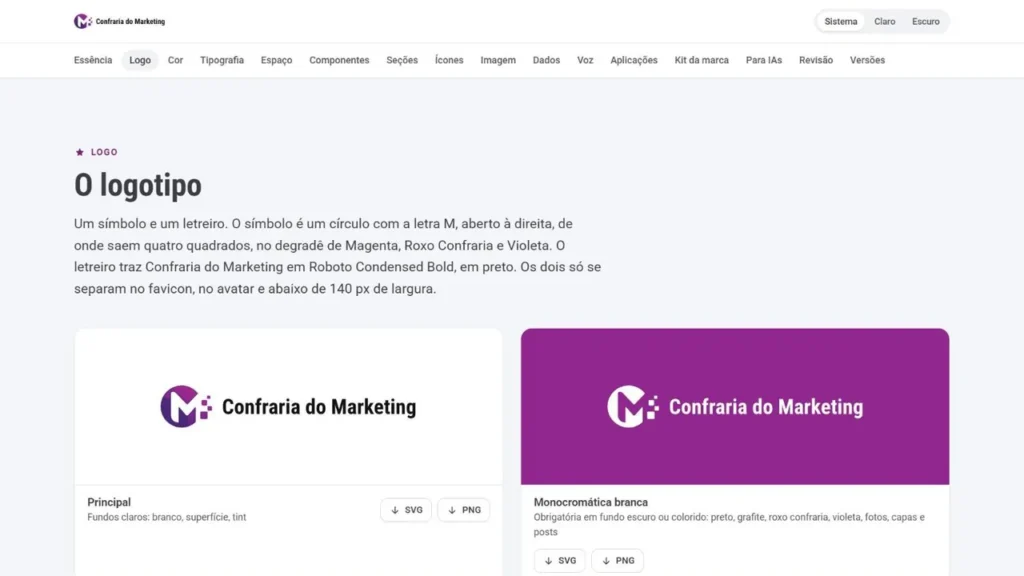 Seção O logotipo do brand book da Confraria do Marketing, com a versão principal sobre branco e a monocromática branca sobre o roxo, e os botões de download em SVG e PNG