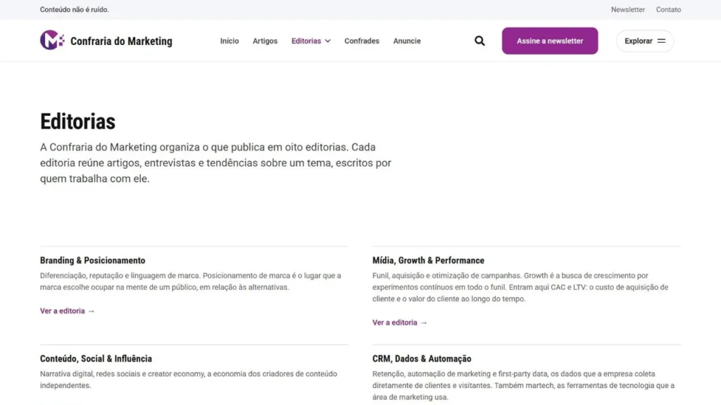 Página Editorias da Confraria do Marketing, com o texto de apresentação e as editorias Branding & Posicionamento, Mídia, Growth & Performance, Conteúdo, Social & Influência e CRM, Dados & Automação