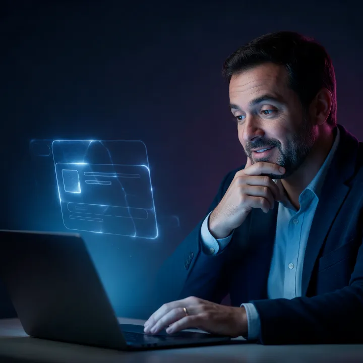 Empresário olha o notebook diante de um cartão de luz incompleto, como a marca aparece hoje para o Google e as IAs