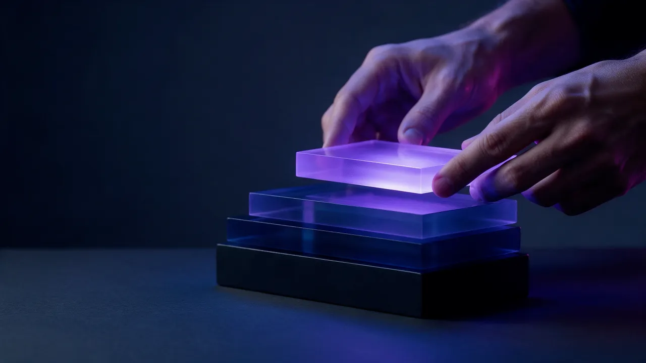 Mãos colocam a quarta camada de luz violeta sobre outras três, numa pilha que representa as camadas do método