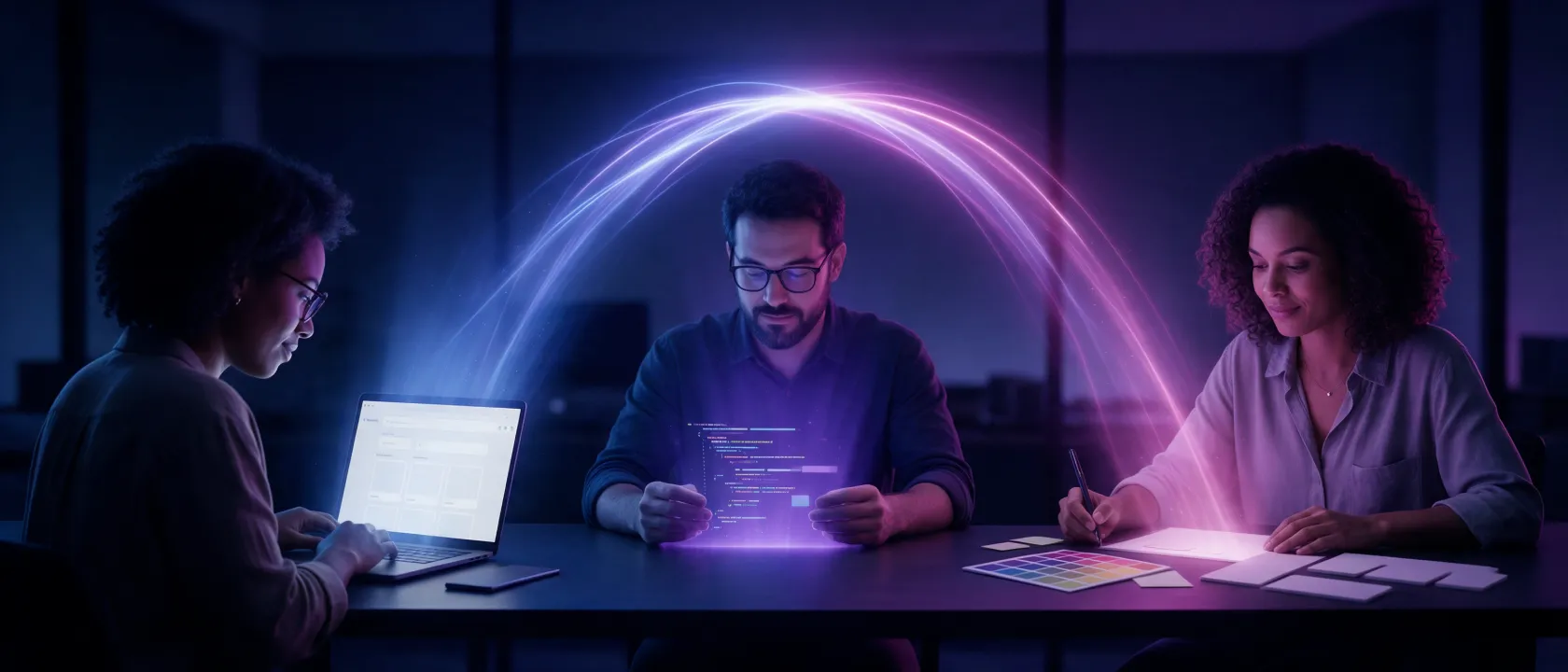 Três profissionais numa mesa escura, um no notebook, um com código e outra com amostras de marca, ligados por um arco de luz índigo e magenta