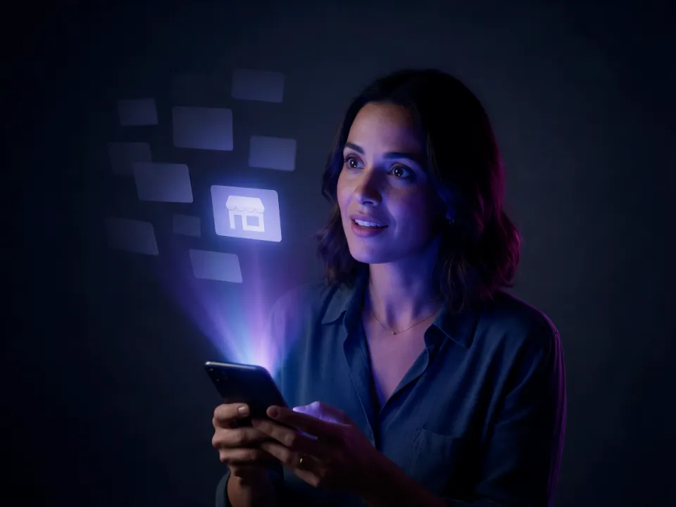 Mulher olha para cima enquanto um feixe de luz sai do celular e destaca, entre vários cartões apagados, o cartão de um pequeno negócio
