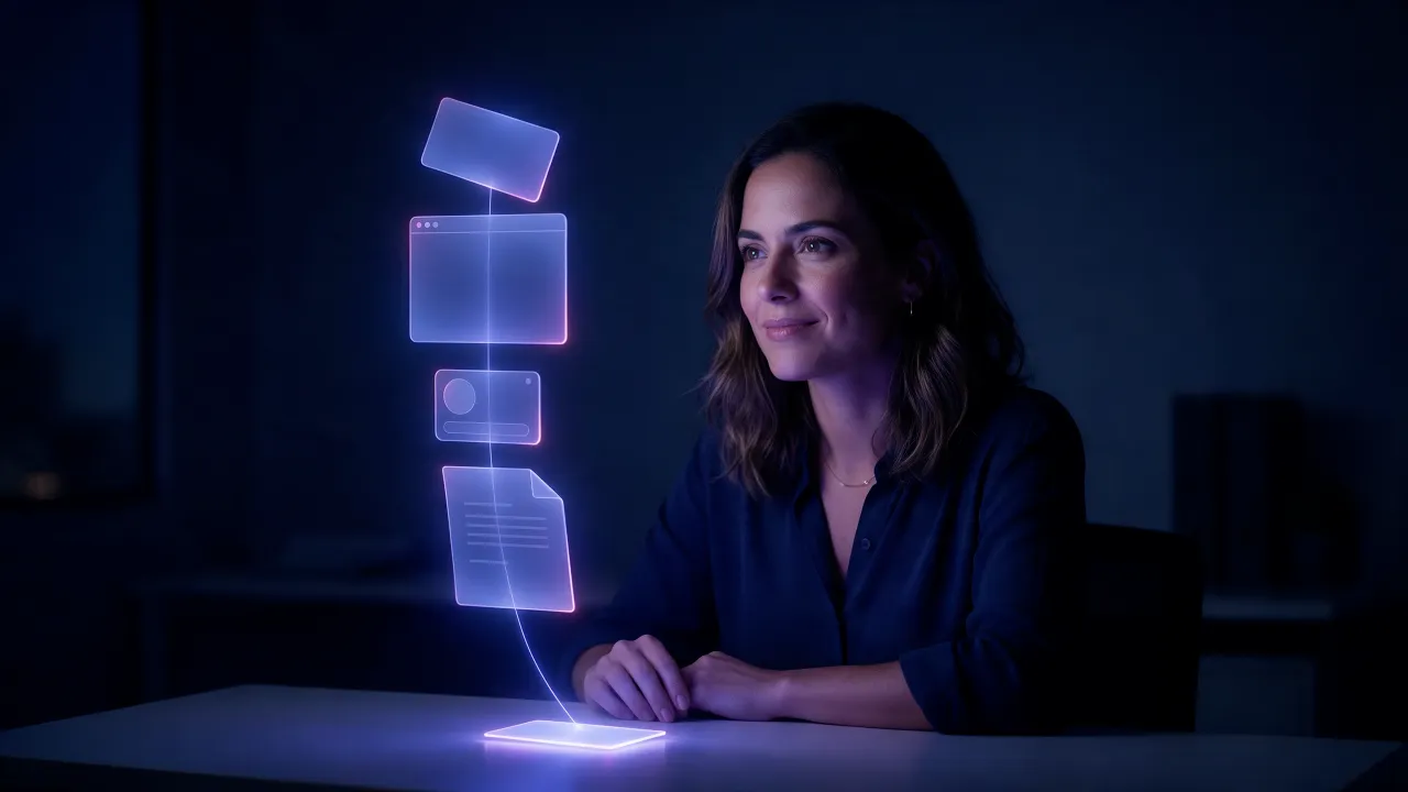 Empreendedora sorri diante de peças de luz, um cartão, um site, um perfil e um documento, alinhadas em uma pilha e ligadas por um fio a um único cartão sobre a mesa