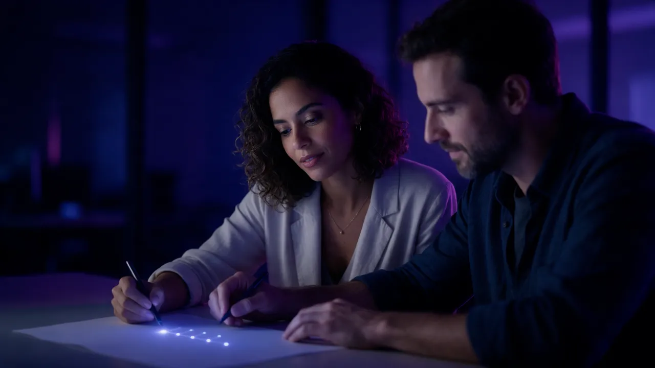 Fundadora e estrategista lado a lado sobre uma folha em que seis pontos de luz marcam as etapas do plano