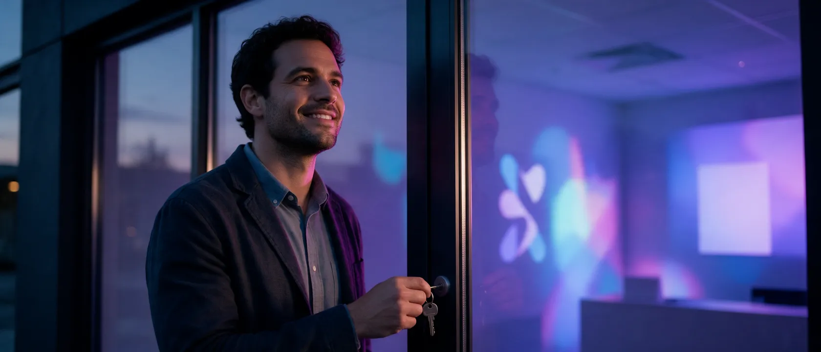 Empreendedor sorri à porta do primeiro espaço da empresa, com a chave na mão, enquanto as formas da marca acendem lá dentro